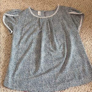 Blue White Dot Lace-Trim Short Sleeve Blouse